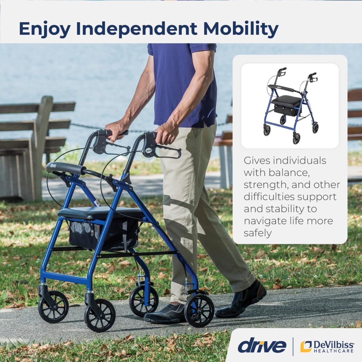 Drive Medical Aluminum Rollator Walker Fold Up and Removable Back Support, Padded Seat, 6" Wheels, Blue,R726BL - Image 2