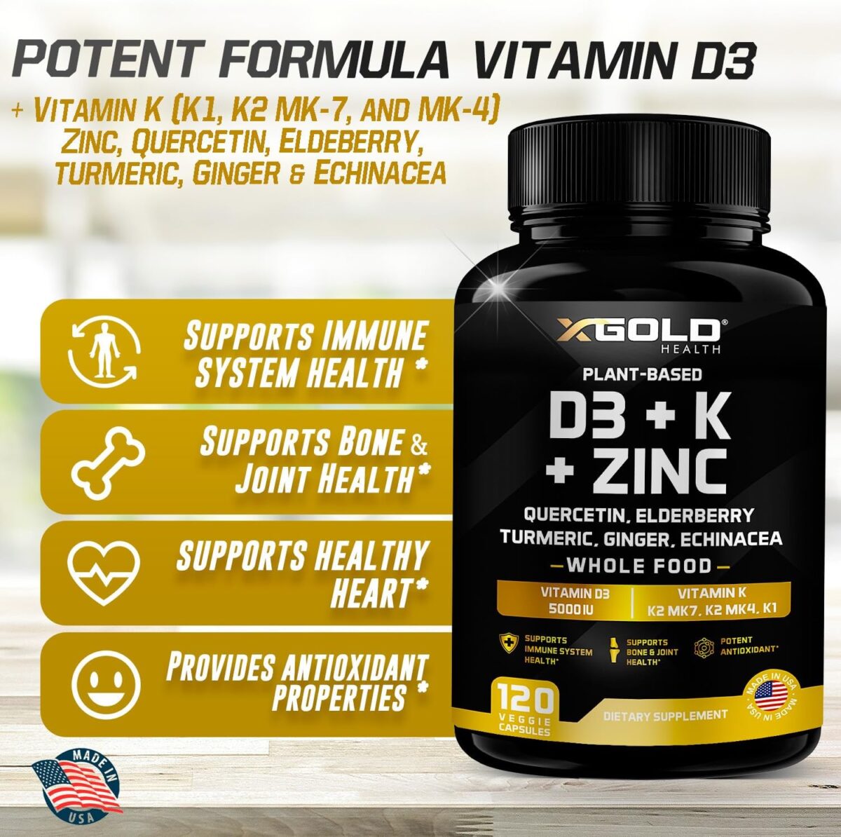 Vitamin D, K2, K1, Zinc, Quercetin, Elderberry, Turmeric, Ginger & Echinacea Whole Food Supplement 8 in 1- D3 5000 IU Plant-Based from Lichen, Vitamin K (K2 MK7, MK4, K1), D3 K2 Vitamins -120 Capsules - Image 5