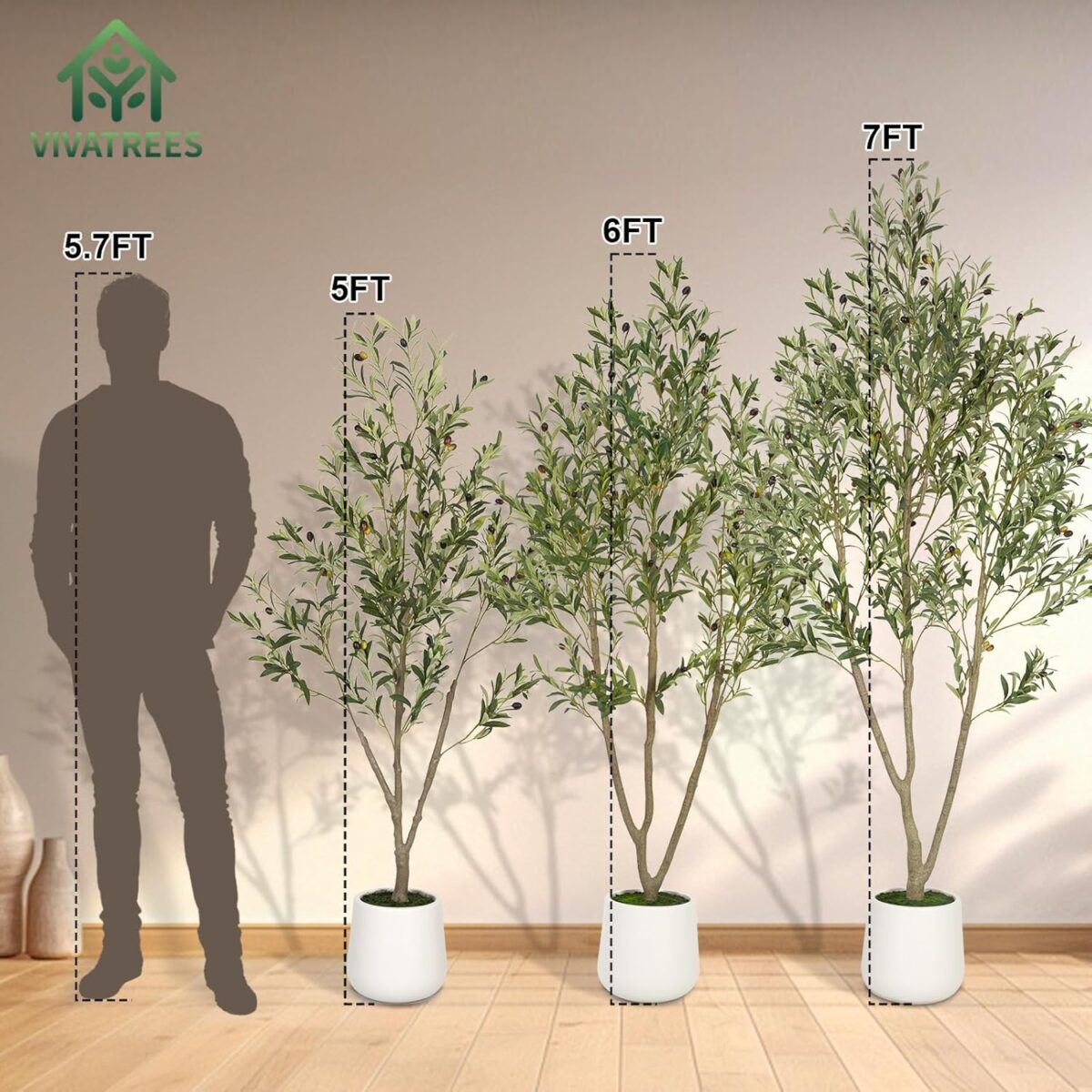 Olive Trees Artificial Indoor, 5FT Tall Faux Olive Tree with White Tall Planter, Artificial Plants with Natural Wood Trunk and Lifelike Fruits for Home Office Decor - Image 5