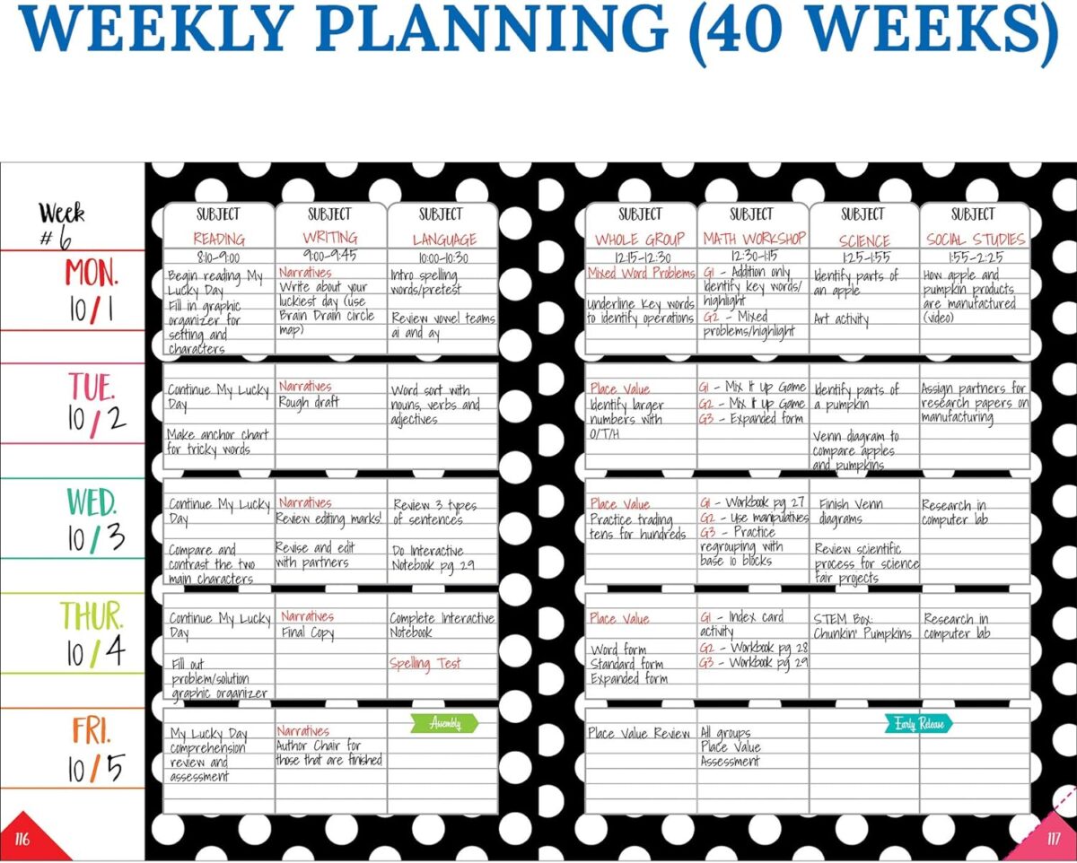 Schoolgirl Style Black, White and Stylish Teacher Planner—Undated Weekly/Monthly Lesson Plan Book and Record Organizer for Classroom or Homeschool (8 inches x 11 inches), multi (105029) - Image 3