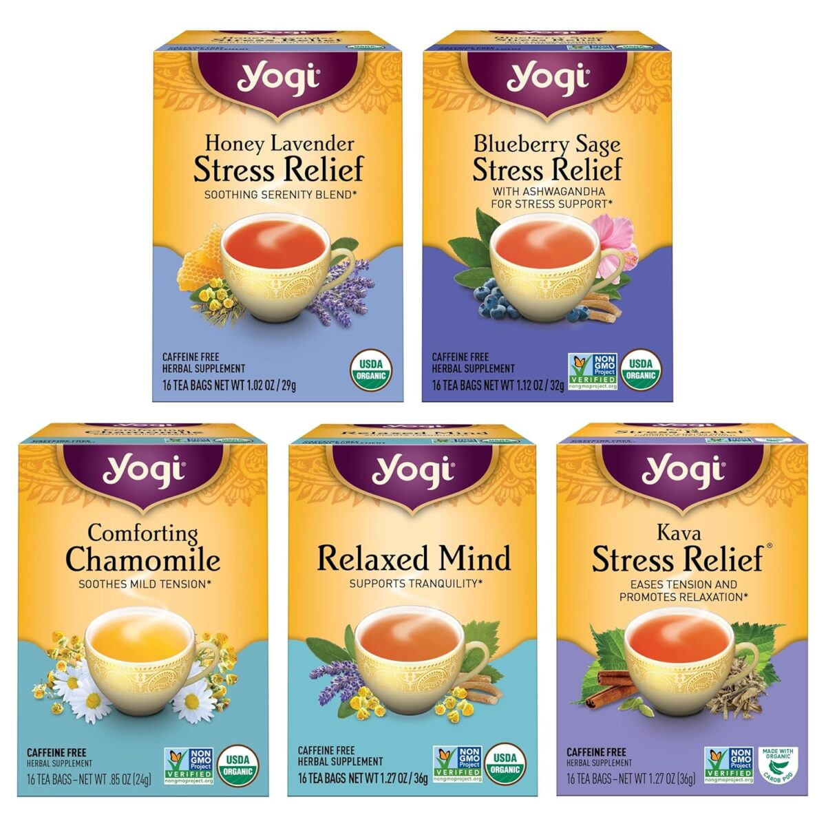 Yogi Tea Stress Relief & Relaxation Variety Sampler - 16 Bags per Pack (5 Packs) - Organic Relaxing Tea Sampler Set - Calming, Comforting Chamomile, Relaxed Mind & More - Image 1