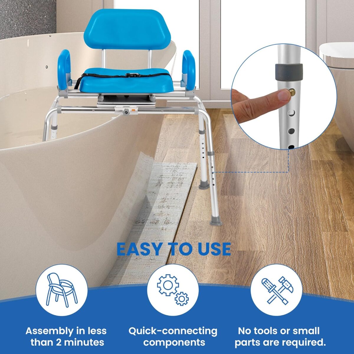 Platinum Health Carousel Sliding Shower Chair Tub Transfer Bench with Swivel Seat, Premium Padded, Pivoting Arms, Adjustable Space Saving Design for Tubs, Inside Shower, for Handicap & Seniors, Blue - Image 4
