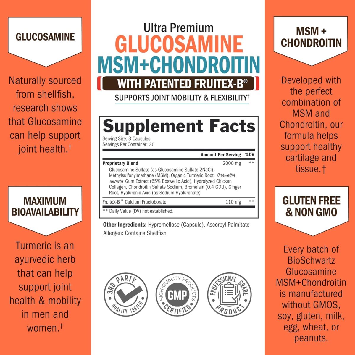 Glucosamine Chondroitin MSM Joint Support Supplement - FSA HSA Approved - Collagen Peptides, Turmeric and Ginger, Hyaluronic Acid, Glucosamine Chondroitin Sulfate - Gluten Free, Non GMO, 180 Capsules - Image 3