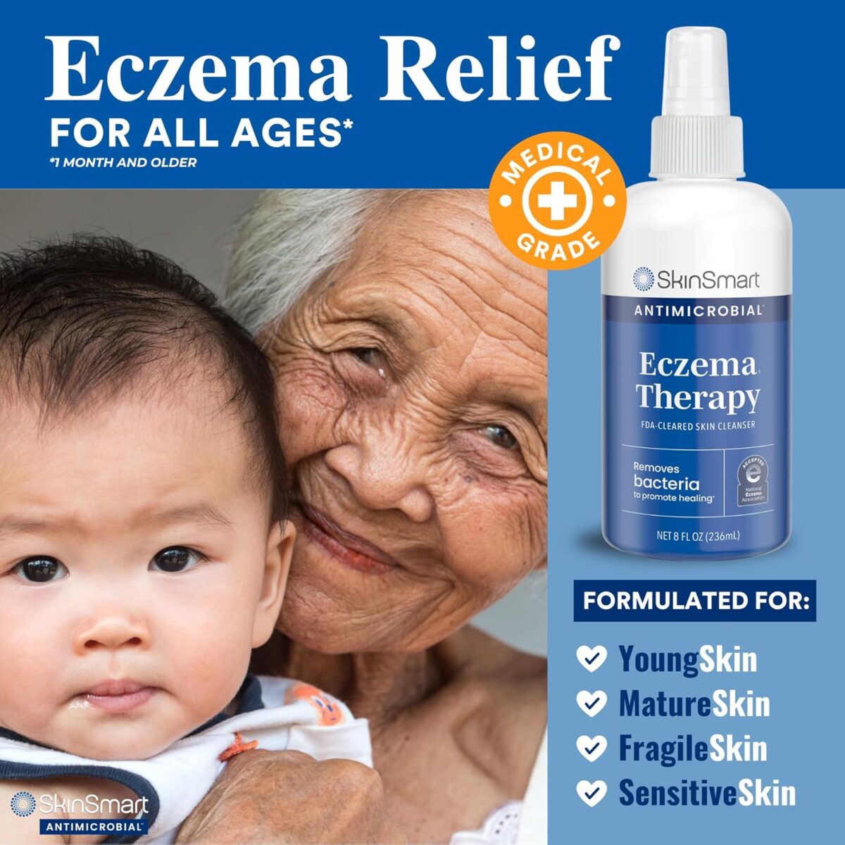 SkinSmart Antimicrobial Eczema Therapy with Hypochlorous Acid, Removes Bacteria so Skin Can Heal, for Adults, Kids and Seniors, 8 Ounce Clear Spray - Image 5