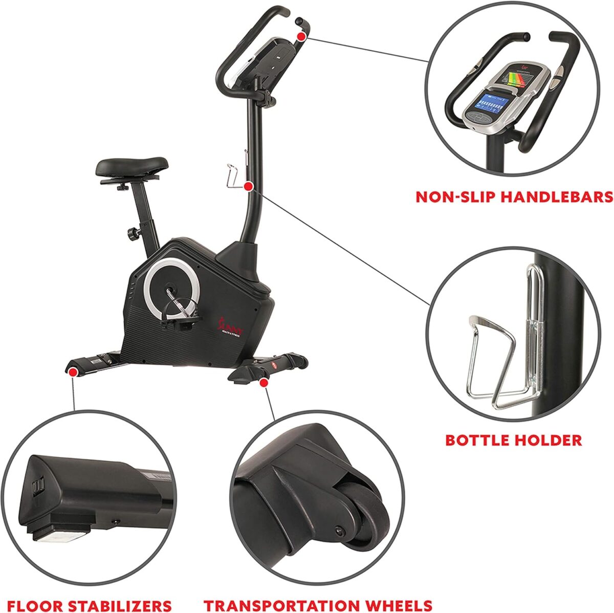 Sunny Health & Fitness Exercise Bike w/Pulse Sensors & Adjustable Cushion Seat, Home Cardio Training Machine for Adults/Seniors' Indoor Cycling Workout, Optional Compact Foldable or Electro-Magnetic - Image 4