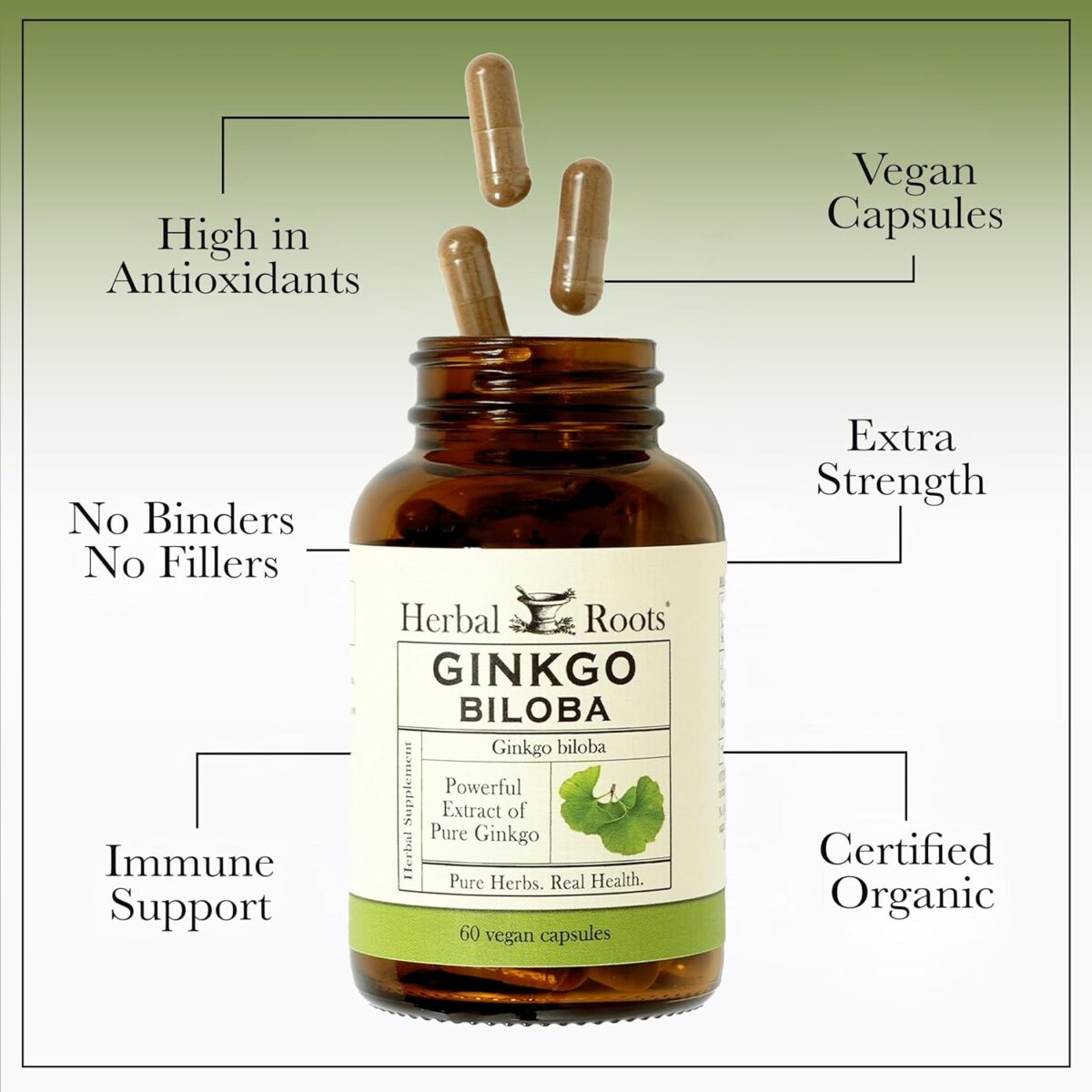 Herbal Roots Organic Ginkgo Biloba Made with Pure Organic Ginkgo Leaf - 1,400mg per Serving, 60 Vegan Capsules - Image 4