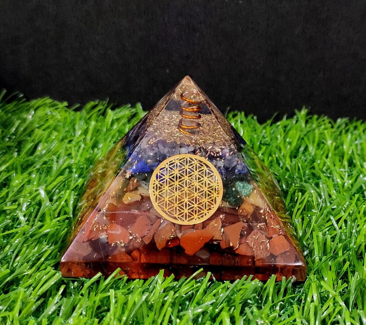 Seven Chakra Orgone Crystal Pyramid with Flower of Life Symbol for Reiki Healing, Chakra Balancing, Aura Cleansing, Energy Generator, Yoga Meditation Size: 60-70 MM - Image 1
