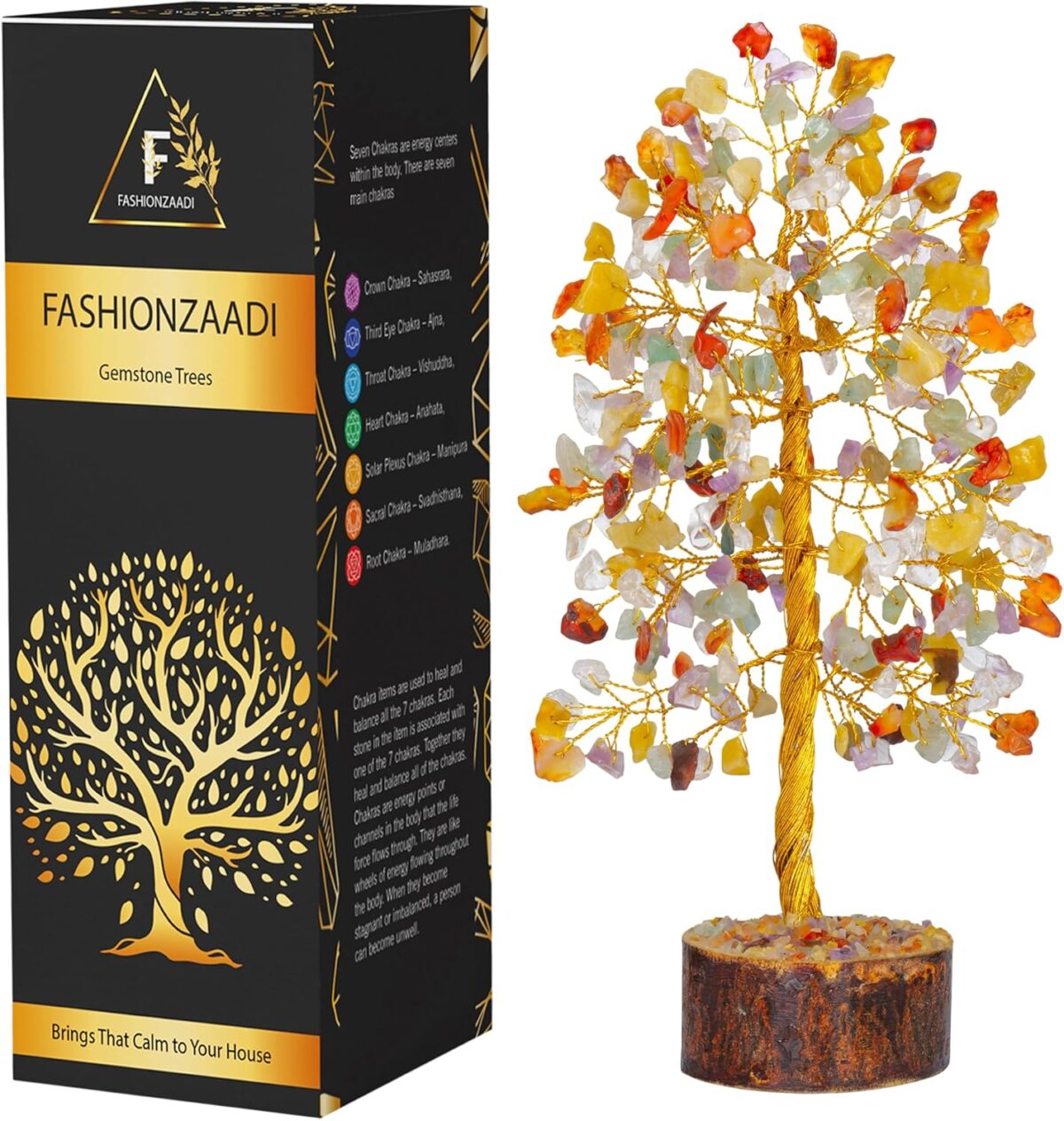 FASHIONZAADI Gemstone Money Tree Reiki Healing Chakra Balancing Handmade Bonsai Trees Spiritual Gift Aura Cleansing Good Luck Home Decor (Mix Chakra Golden Wire) - Image 1