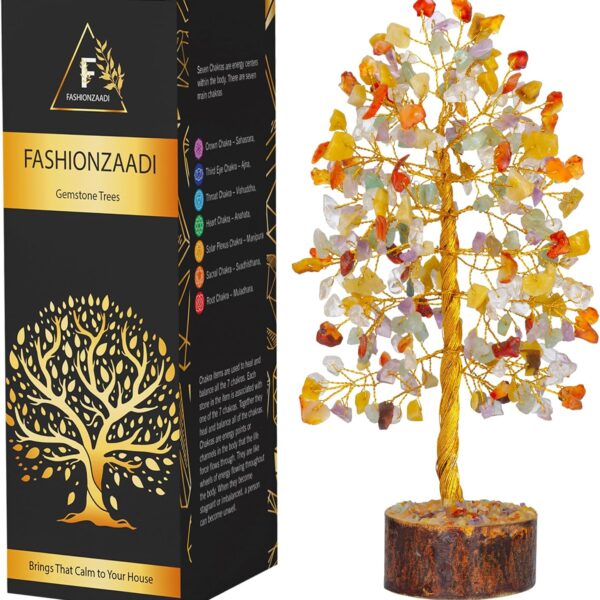 FASHIONZAADI Gemstone Money Tree Reiki Healing Chakra Balancing Handmade Bonsai Trees Spiritual Gift Aura Cleansing Good Luck Home Decor (Mix Chakra Golden Wire)