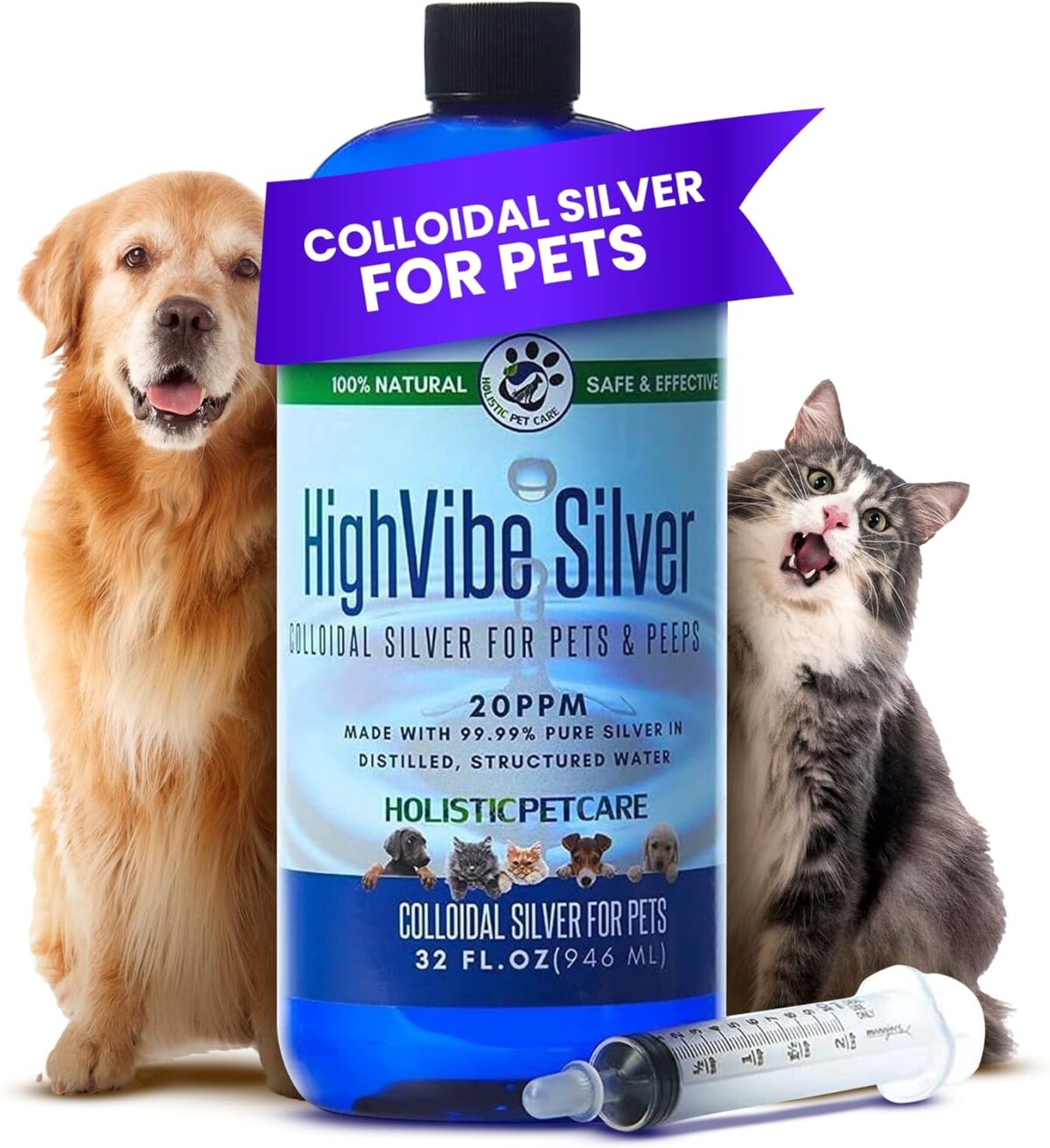 Colloidal Silver for Dogs & Cat Wound Care, Immune Support & Skin Solution - All Pet Health Care for Itch, Sores, Wounds, Hotspots & More with Syringe (32 oz) - Image 1
