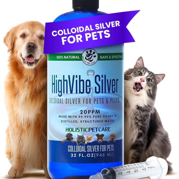 Colloidal Silver for Dogs & Cat Wound Care, Immune Support & Skin Solution - All Pet Health Care for Itch, Sores, Wounds, Hotspots & More with Syringe (32 oz)