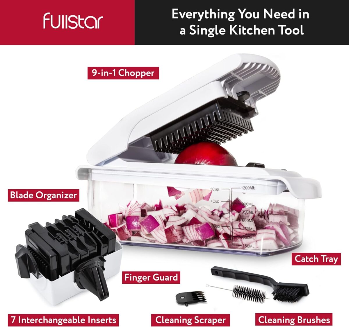 Fullstar Vegetable Chopper and Spiralizer - Food Chopper with Container, Fruit Slicer, Kitchen Gadgets & Accessories, Home Essentials (9 in 1, White) - Image 3