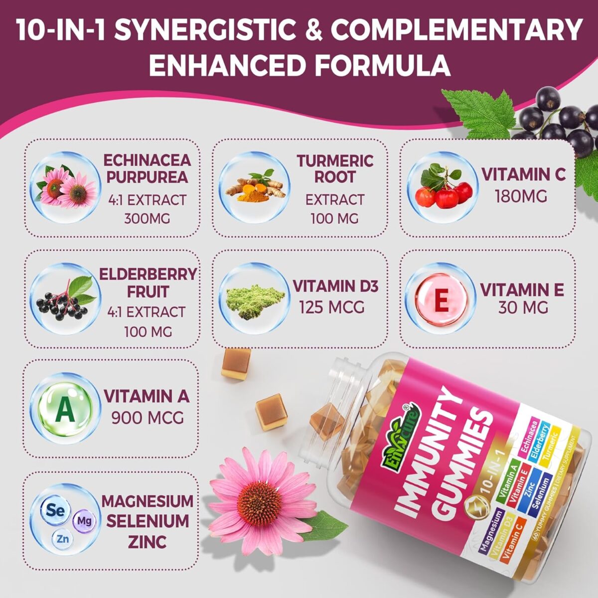 Immune Support Gummies with Echinacea, Sambucus Elderberry, Vitamin C + D3 + Zinc, Selenium, Magnesium, Daily Immunity Booster Multivitamin Gummies, for Boost Immunity, Power Antioxidant, Vegan 2 Pack - Image 3