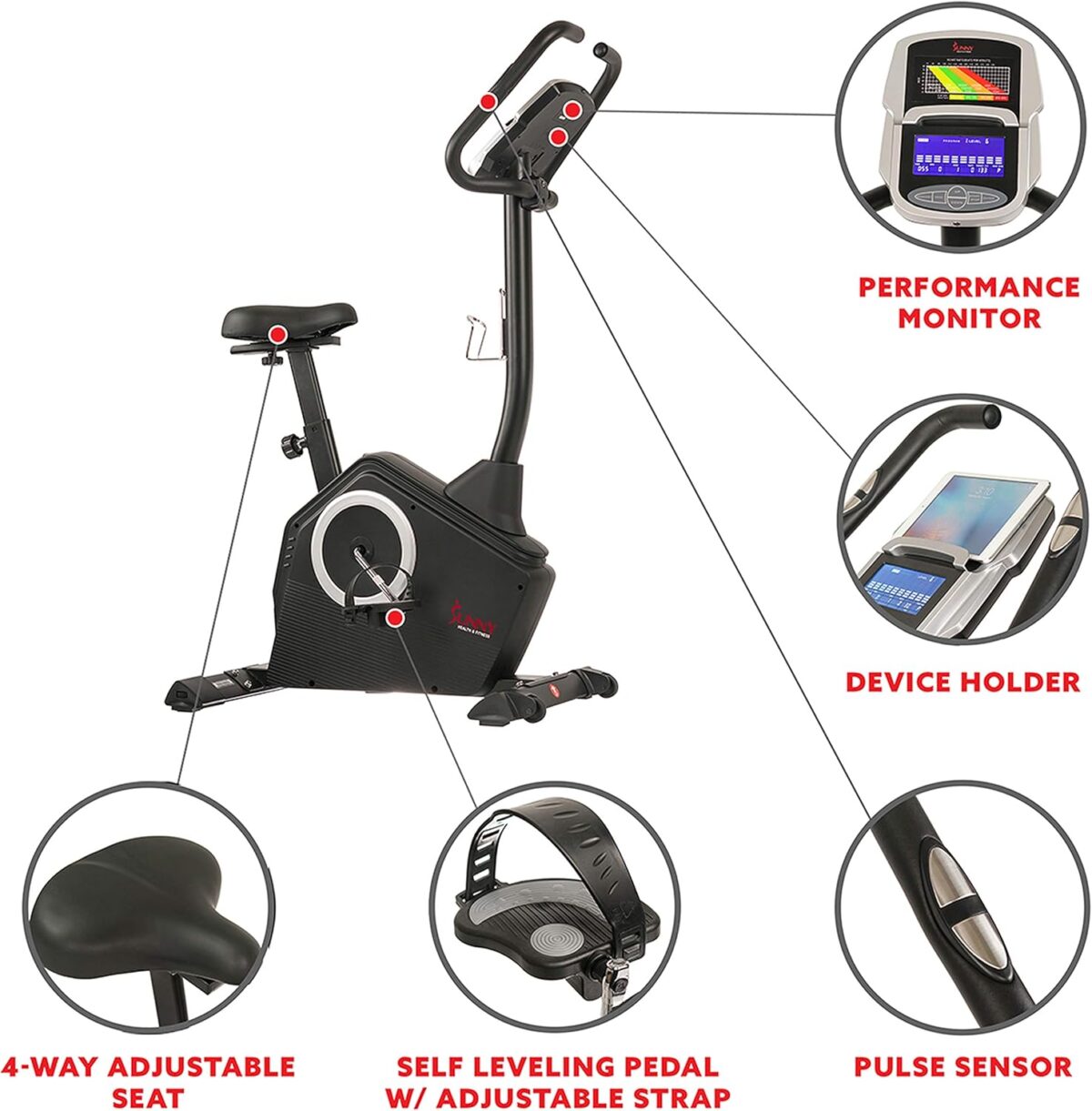 Sunny Health & Fitness Exercise Bike w/Pulse Sensors & Adjustable Cushion Seat, Home Cardio Training Machine for Adults/Seniors' Indoor Cycling Workout, Optional Compact Foldable or Electro-Magnetic - Image 3