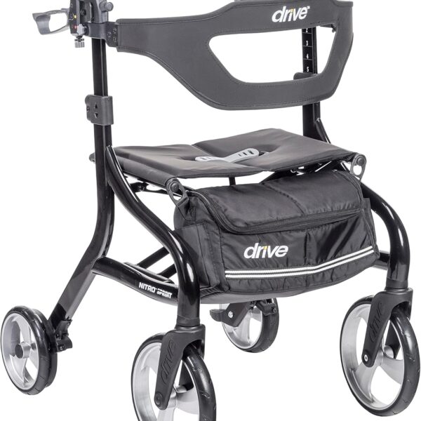 Drive Medical Nitro Sprint Foldable Rollator Walker with Seat, Standard Height Lightweight Rollator with Large Wheels, Folding Rolling Walker, Walker Rollator with Seat, Black