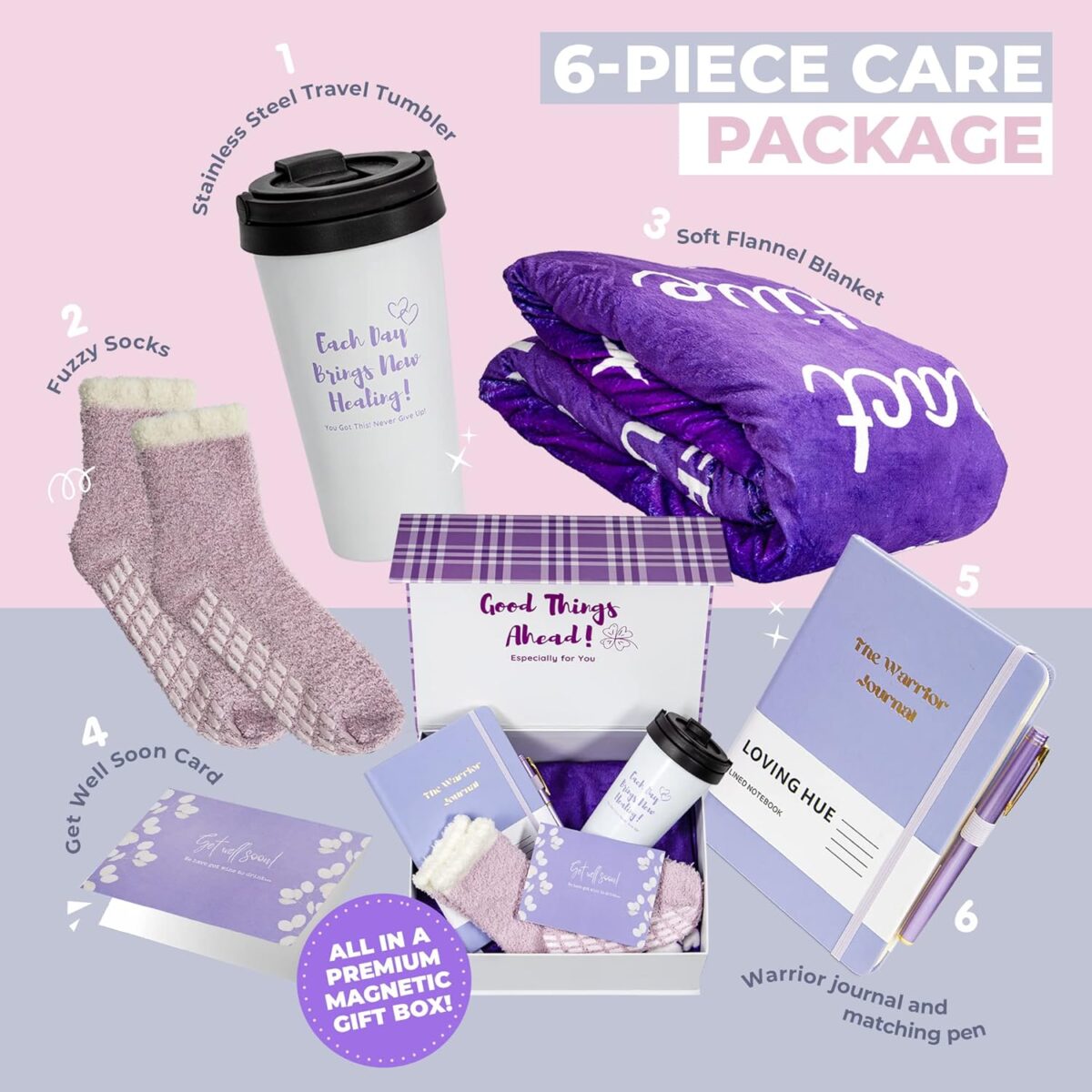 Chemo Care Package for Women, Cancer Care Gifts for Women, Gifts for Cancer Patients, Get Well Soon Gift Basket Includes Travel Mug, Healing Blanket 47”x71” (Purple) - Image 2
