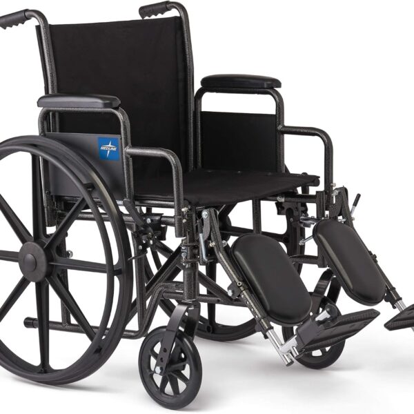 Medline Comfortable Folding Wheelchair with Swing-Back, Desk-Length Arms and Elevating Footrests, 18”W x 16”D Seat