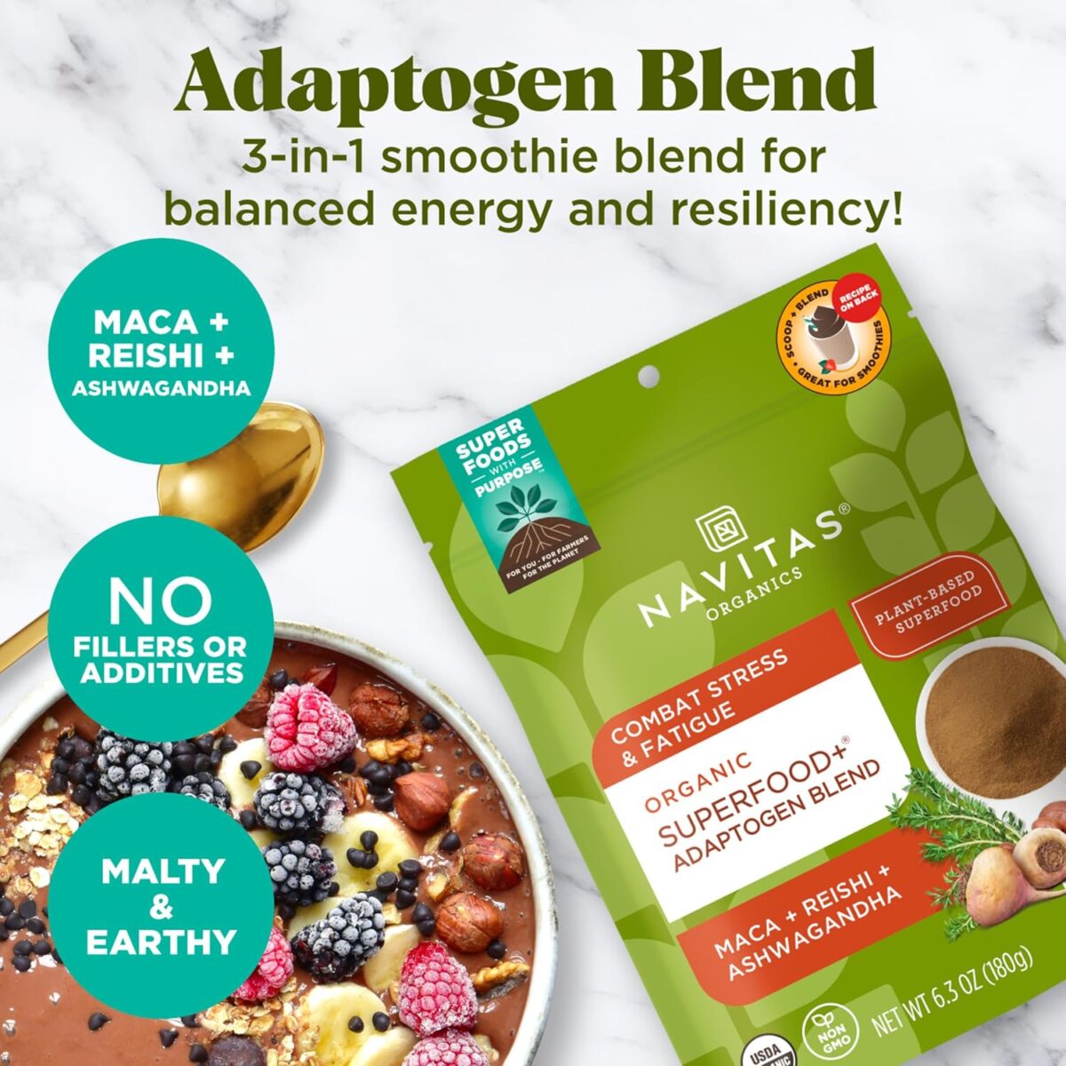 Navitas Organics Superfood+ Adaptogen Blend for Stress Support (Maca + Reishi + Ashwagandha), 6.3oz Bag, 30 Servings — Organic, Non-GMO, Vegan, Gluten-Free, Keto & Paleo. - Image 3