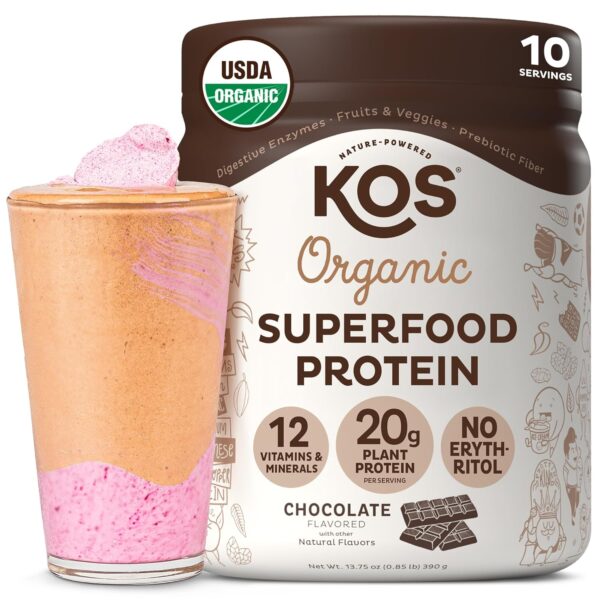 KOS Vegan Protein Powder, Chocolate USDA Organic - Low Carb Pea Protein Blend, Plant Based Superfood with Vitamins & Minerals - Keto, Soy, Gluten Free - Meal Replacement for Women & Men - 10 Servings