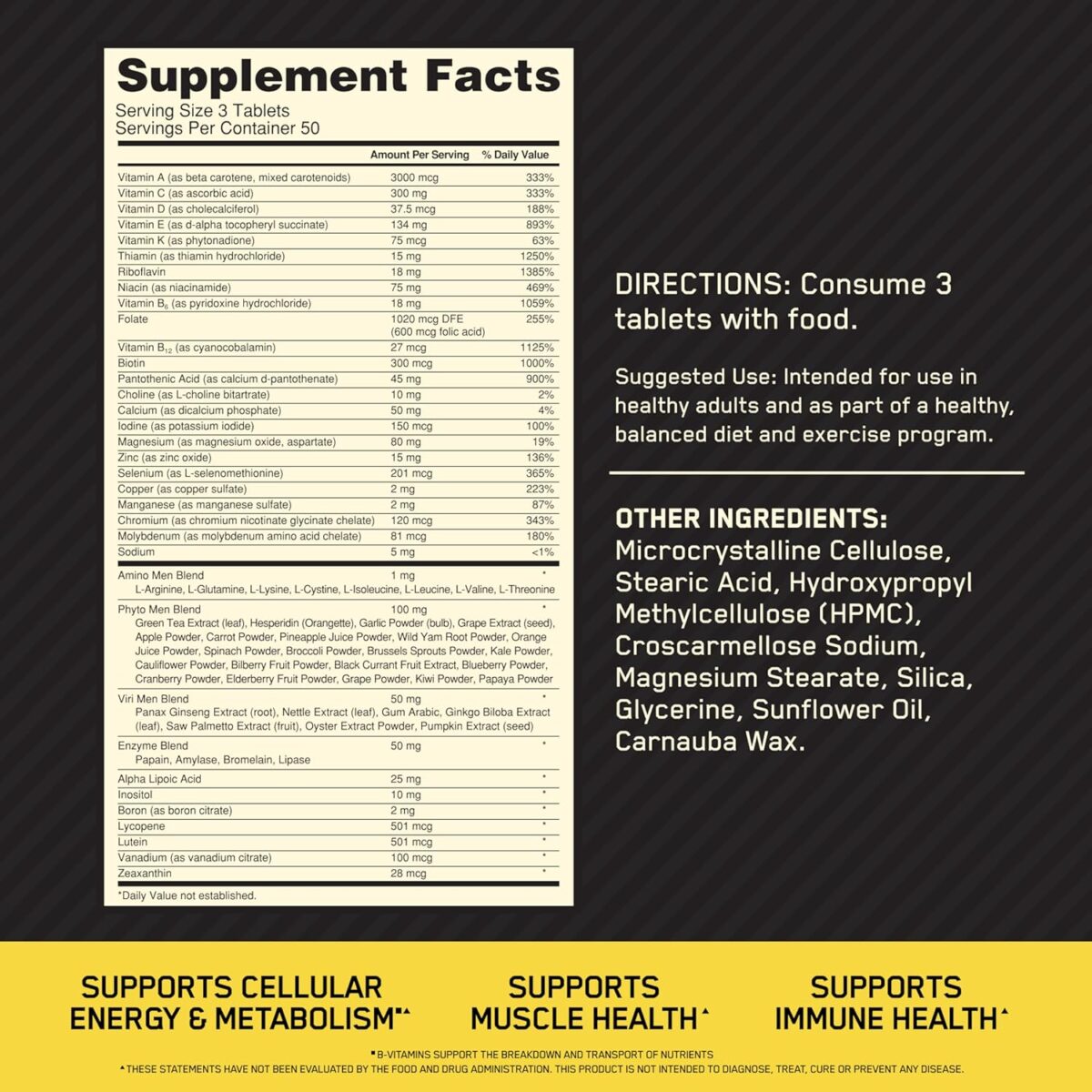 Optimum Nutrition Opti-Men, Vitamin C, Zinc and Vitamin D, E, B12 for Immune Support Mens Daily Multivitamin Supplement, 150 Count (Packaging May Vary) - Image 2
