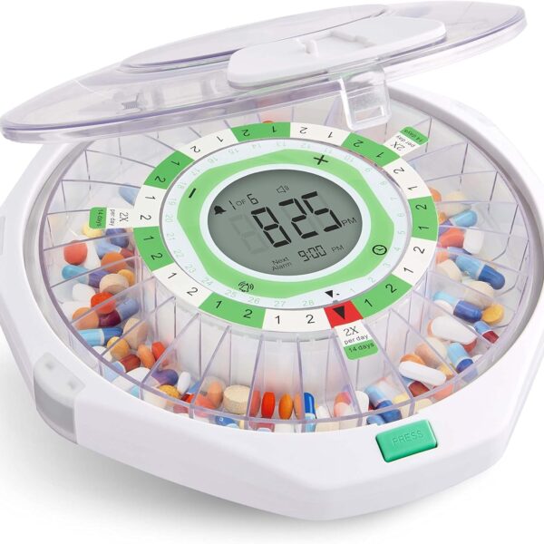Live Fine 28-Day Automatic Pill Dispenser Clear Lid with Upgraded LCD Display and Key Lock, Sound & Light for Prescriptions, Medication, Vitamins, Supplements & More