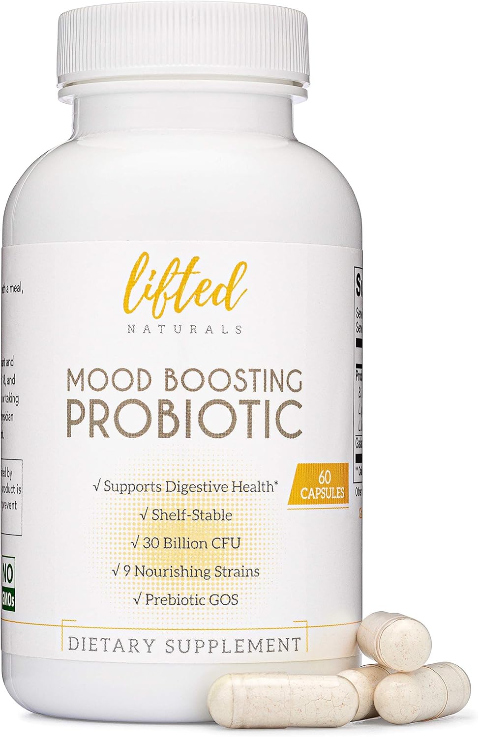 81F2uivQ4ML._AC_SL1500_.jpg Lifted Naturals Mood Boosting Probiotic 30 Billion CFU - Mood Support Supplement, Prebiotics and Probiotics for Women & Men, Acidophilus Lactobacillus Probiotic, Shelf Stable & Non-GMO, 60 Capsules - Image 1