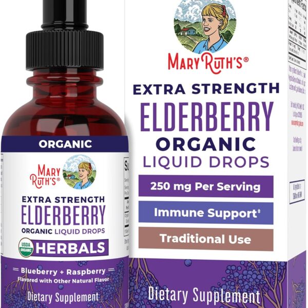 MaryRuth Organics Elderberry Syrup Extra Strength, USDA Organic Elderberry, Sugar Free Adults & Kids Immune Support Supplement for Ages 1+, Clean Label Project Verified®, Vegan, Gluten Free, 2 Fl Oz