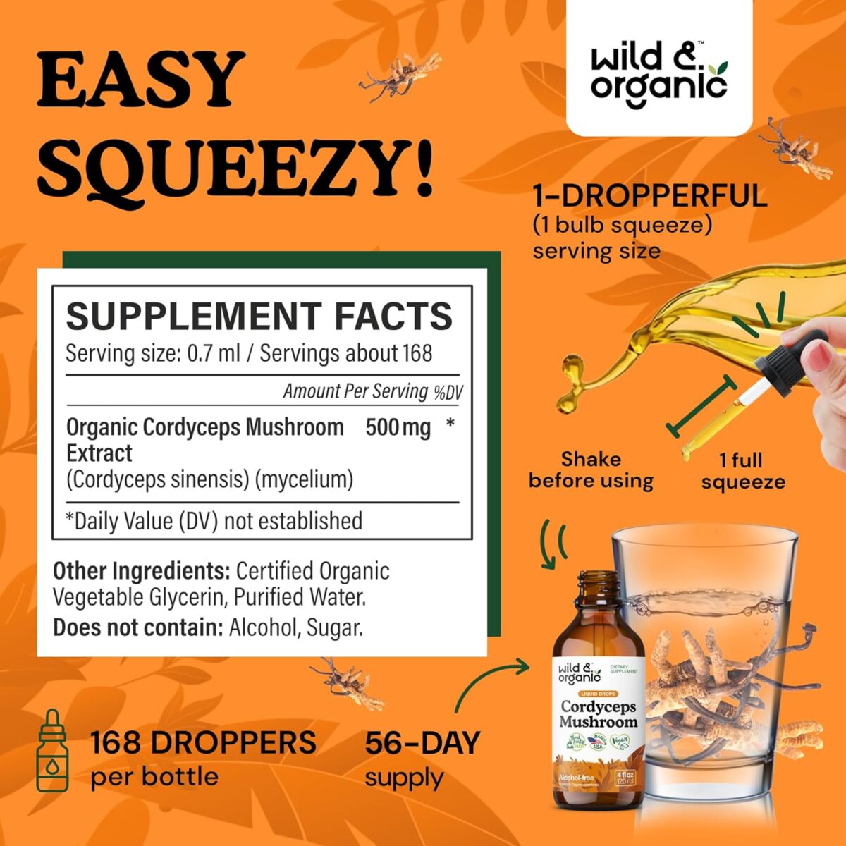 Wild & Organic Cordyceps Tincture - Cordyceps Sinensis Mushroom Extract for Immune & Energy Support - Liquid Mushroom Supplement - Vegan, Sugar & Alcohol-Free Drops - 4 fl oz - Image 3