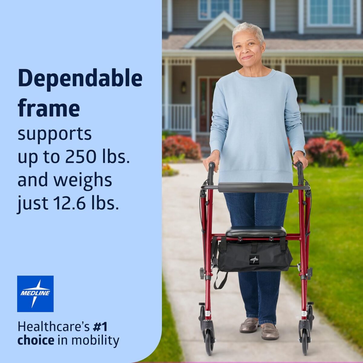 Medline Superlight Folding Aluminum Mobility Rollator Walker, Red, 250 lb. Weight Capacity, 6" Wheels, Adjustable Arms and Seat, Foldable Rolling Walker for Seniors - Image 2