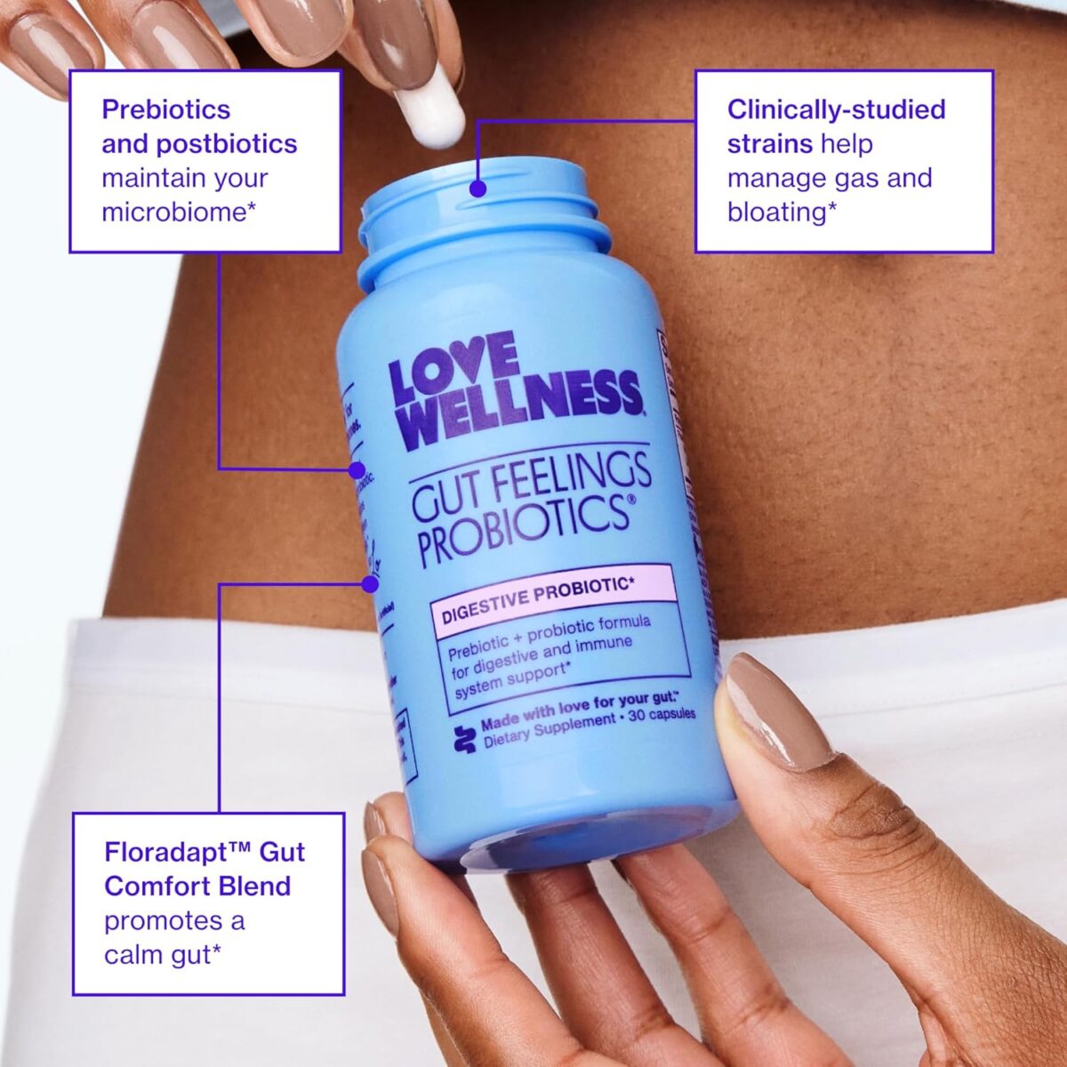 Love Wellness Gut Feelings Probiotic | Gut Health for Women, Digestion Relief & Immune Support Supplement | Womens Probiotic for Gas Relief | 3 Billion CFU | Safe Prebiotic and Postbiotic | 30 Count - Image 4
