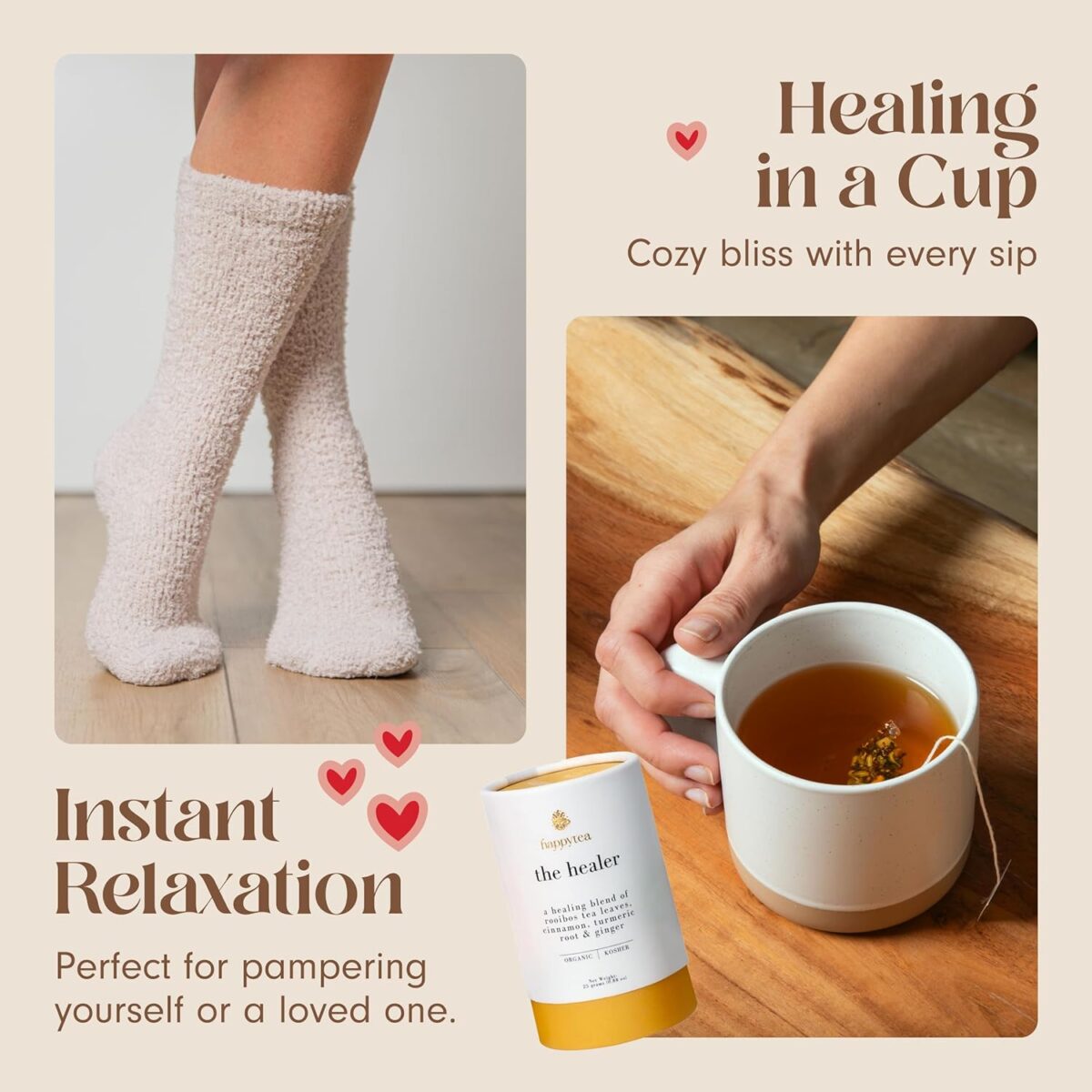 Unboxme Get Well Gift Box - USDA Organic Get Well Soon Self Care Package for Women | Fluffy Socks, Mug, Lemon & Ginger Tea Set, Sea Salt, Sage Scented Candle, Sending Hugs Card | Feel Better Basket - Image 4