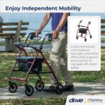 Drive Medical Aluminum Rollator Walker Fold Up and Removable Back Support, Padded Seat, 6" Wheels, Red - Image 2