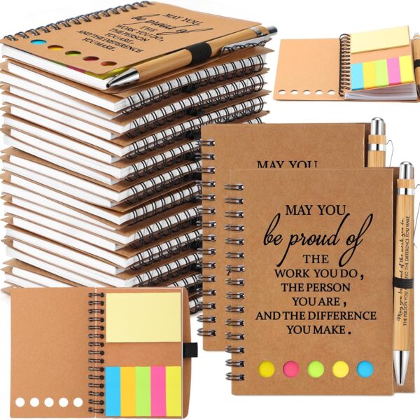 Chuangdi 100 Sets Employee Appreciation Thank You Gifts Inspirational Spiral Notebook Journal with Sticky Note Notepad Motivational Bamboo Pen Bulk for Nurse Teacher Volunteer Team Coworker