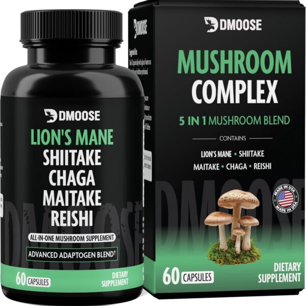 DMoose Fitness Lions Mane Mushroom Complex, 5 in 1 Adaptogenic Blend - Lionsmane, Chaga, Maitake, Shiitake & Reishi Extract Capsules - Nootropic Mushroom Supplement for Memory, Focus & Immune Support
