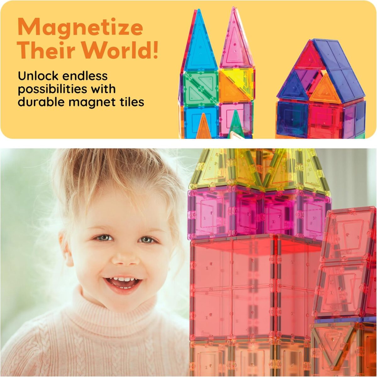PicassoTiles Magnetic Tiles 60pcs Kids Toys Classroom Sensory Toy for Toddlers STEM Learning Building Blocks, Montessori Pretend Play Magnet Tile Construction Stacking Block Boys Girls Ages 3+ PT60 - Image 6