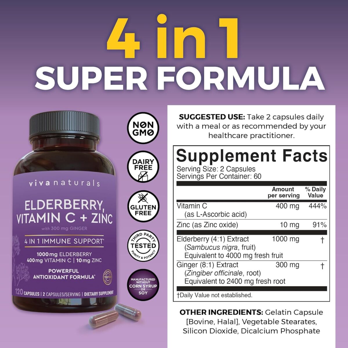 Viva Naturals Elderberry with Vitamin C and Zinc (120 Capsules) - 1000mg Sambucus Elderberry Immune Support Supplement, Black Elderberry Capsules for Adults, Elderberry Vitamins - 2 Months Supply - Image 2