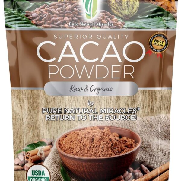 Pure Natural Miracles Cacao Powder Organic - Raw, Unsweetened, Non-Alkalized Cocoa - Ceremonial Grade, Single-Origin from Ecuador - Perfect for Hot Chocolate, Smoothies or Baking - 16 oz
