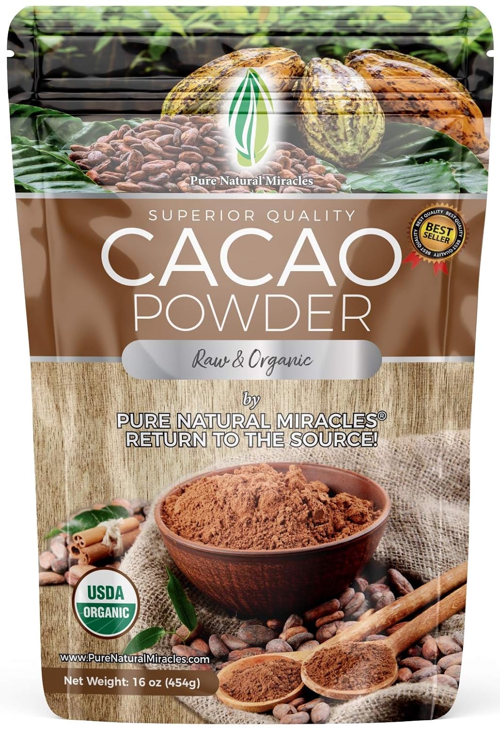 81Hx0T-zsGL._SL1500_.jpg Pure Natural Miracles Cacao Powder Organic - Raw, Unsweetened, Non-Alkalized Cocoa - Ceremonial Grade, Single-Origin from Ecuador - Perfect for Hot Chocolate, Smoothies or Baking - 16 oz - Image 1
