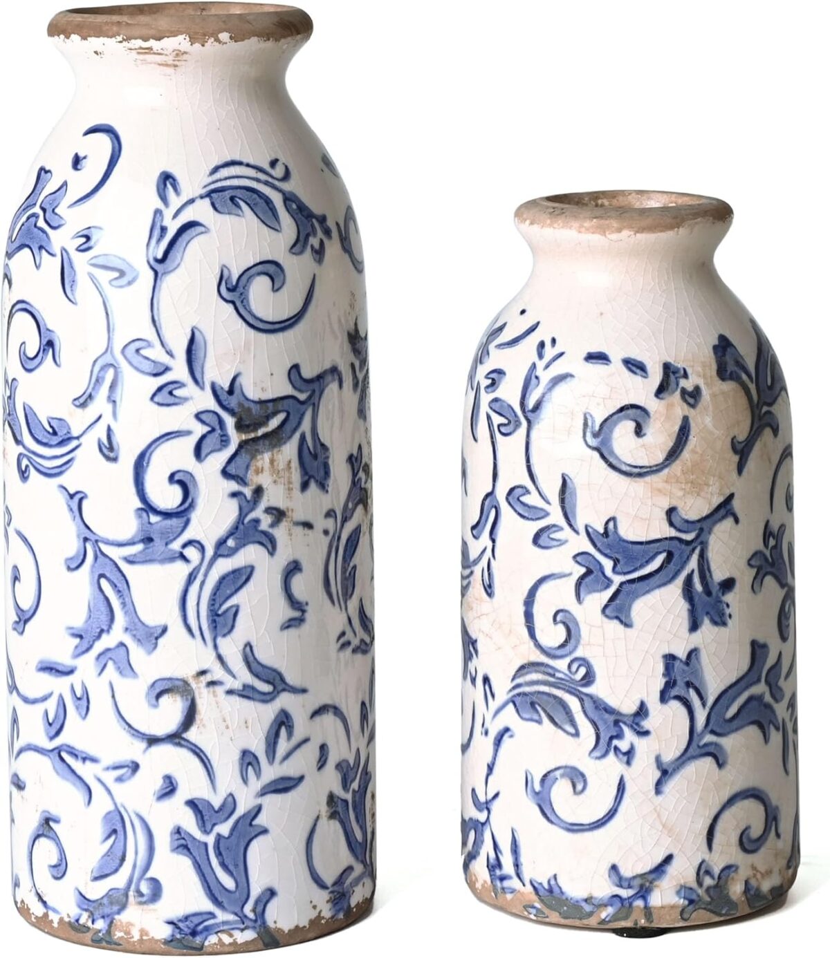 VICTOR & TERESA Blue and White Ceramic Vases Home Decor, Farmhouse Vase for Flowers, Flower Vase Set of 2, Rustic Decorative Vases for Pampas Grass, Table, Living Room, Shelf, Centerpieces, 8 inch - Image 1