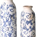 VICTOR & TERESA Blue and White Ceramic Vases Home Decor, Farmhouse Vase for Flowers, Flower Vase Set of 2, Rustic Decorative Vases for Pampas Grass, Table, Living Room, Shelf, Centerpieces, 8 inch