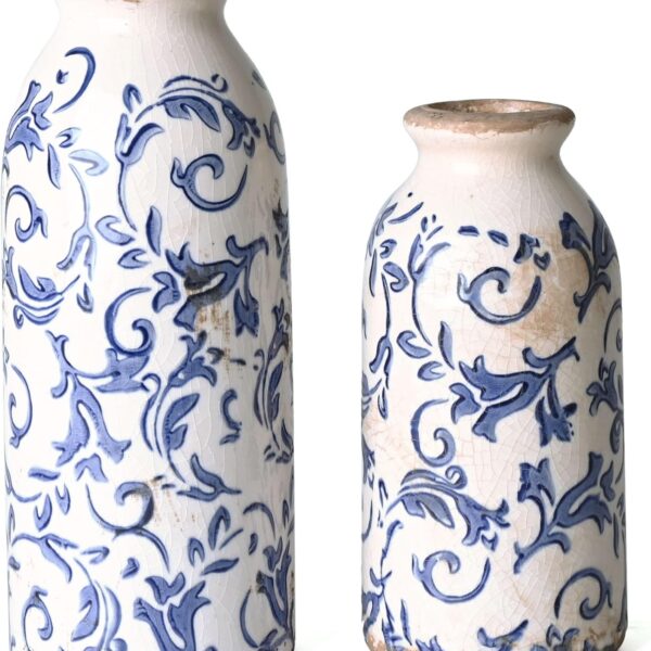 VICTOR & TERESA Blue and White Ceramic Vases Home Decor, Farmhouse Vase for Flowers, Flower Vase Set of 2, Rustic Decorative Vases for Pampas Grass, Table, Living Room, Shelf, Centerpieces, 8 inch