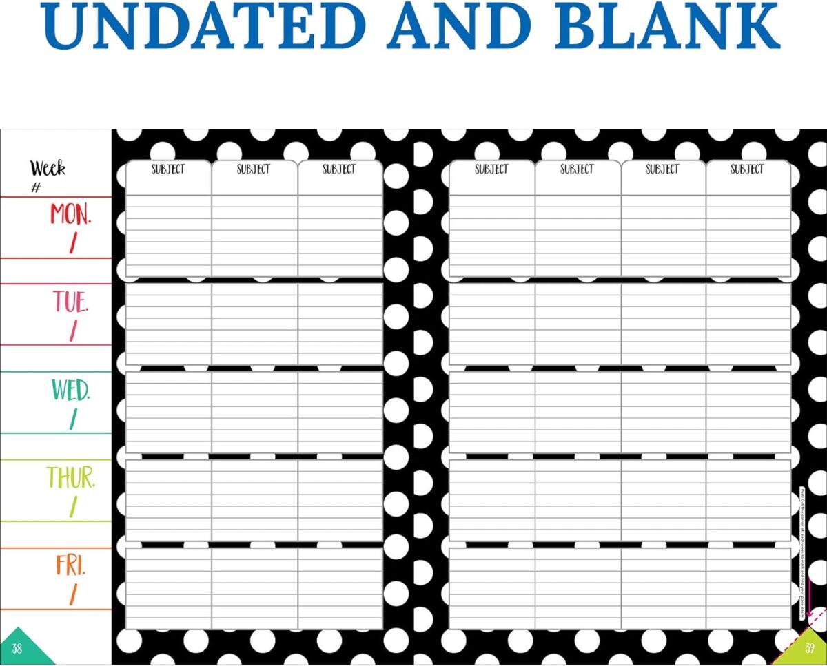 Schoolgirl Style Black, White and Stylish Teacher Planner—Undated Weekly/Monthly Lesson Plan Book and Record Organizer for Classroom or Homeschool (8 inches x 11 inches), multi (105029) - Image 4