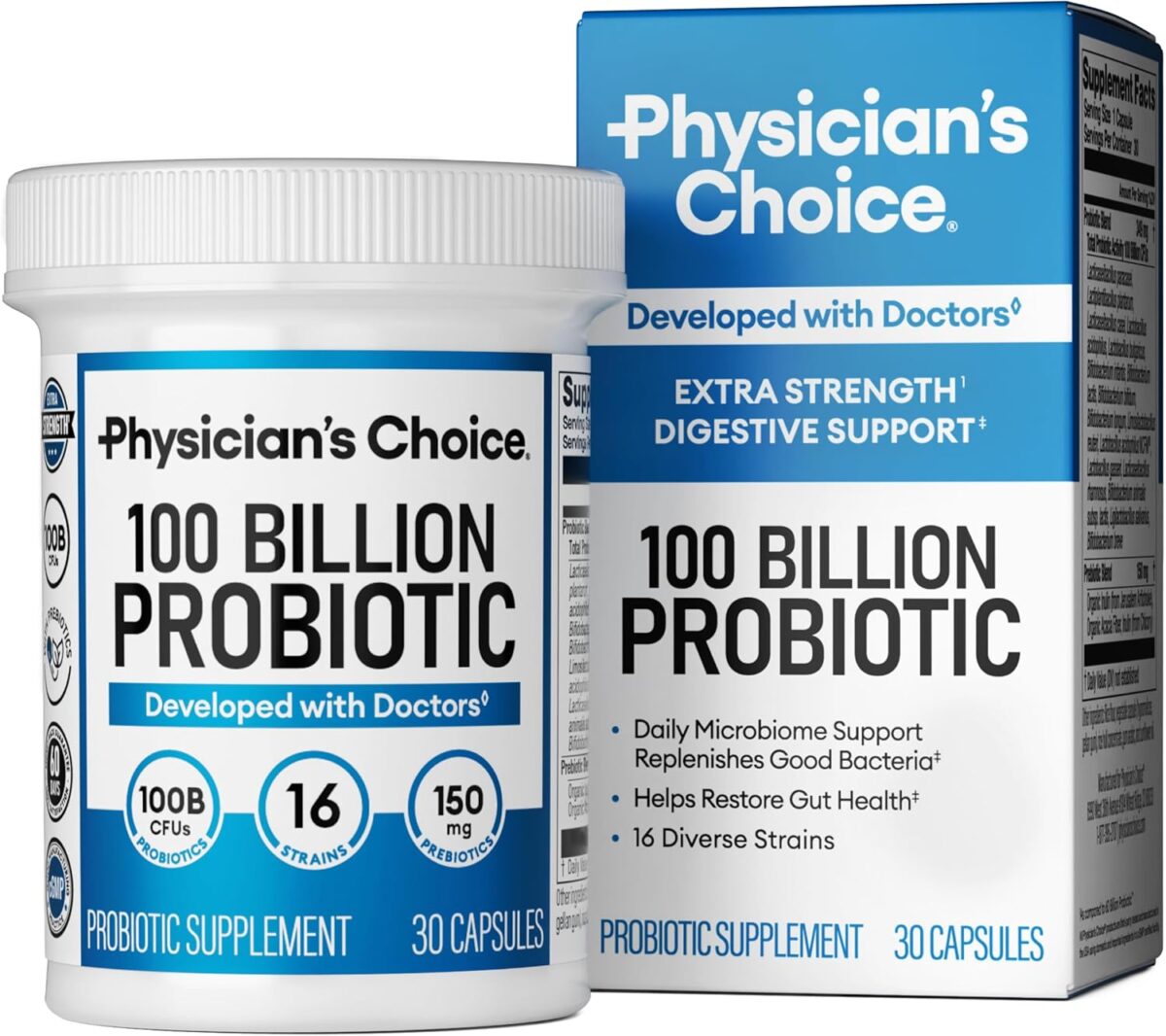 Physician's CHOICE 100 Billion Advanced Probiotic - 16 Strains + Organic Prebiotics - Digestive & Gut Health - Supports Occasional Constipation, Diarrhea, Gas & Bloating - Probiotics for Women & Men - Image 1