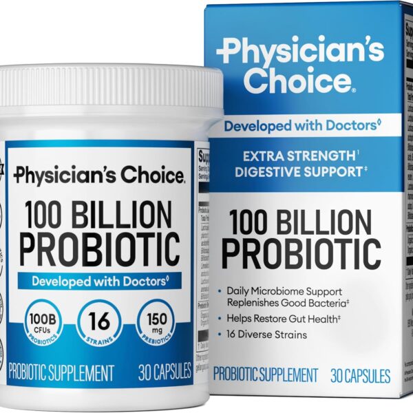 Physician's CHOICE 100 Billion Advanced Probiotic - 16 Strains + Organic Prebiotics - Digestive & Gut Health - Supports Occasional Constipation, Diarrhea, Gas & Bloating - Probiotics for Women & Men