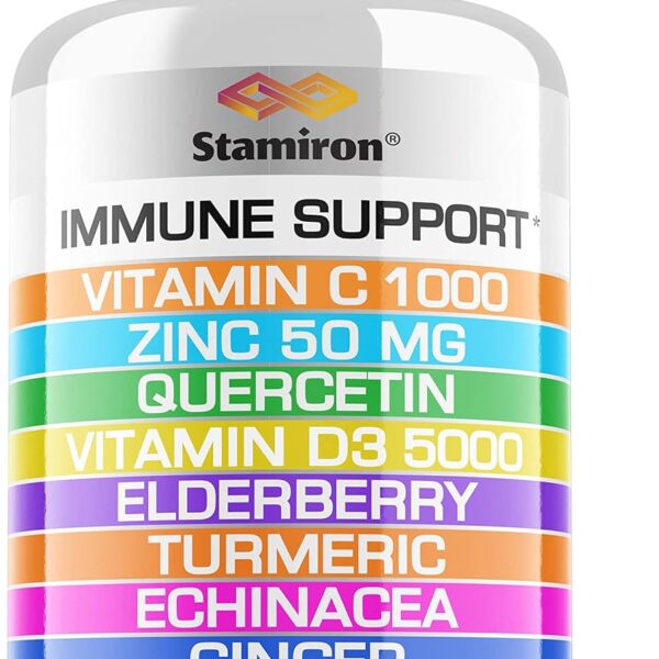 8 in 1 Immune Support with Quercetin Zinc 50mg Vitamin C 1000mg Vitamin D3 5000 IU and Elderberry Echinacea Ginger for Adults Kids - VIT D Supplement Veg Capsules