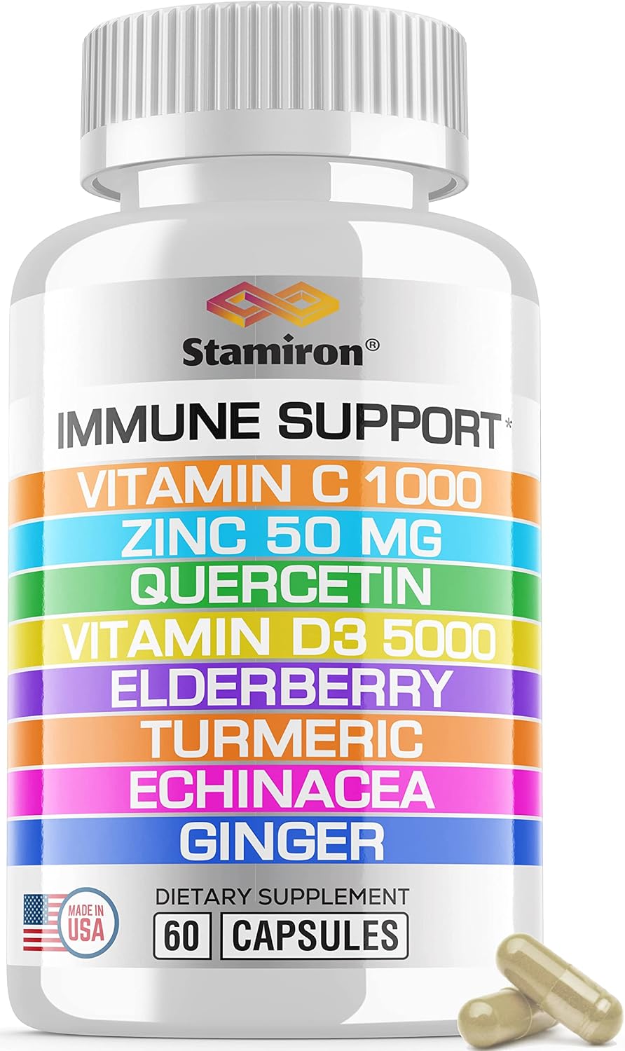 81JR2XCzhTL._AC_SL1500_.jpg 8 in 1 Immune Support with Quercetin Zinc 50mg Vitamin C 1000mg Vitamin D3 5000 IU and Elderberry Echinacea Ginger for Adults Kids - VIT D Supplement Veg Capsules - Image 1