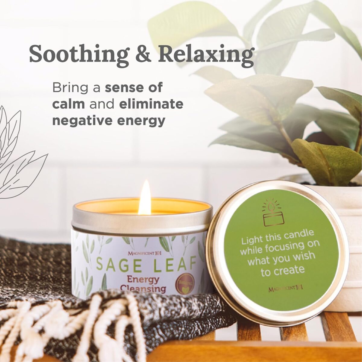 Magnificent 101 Sage Leaf Energy Cleansing Candle in 6-oz. Tin Holder: 100% Natural Soy Wax with Pure White Sage Leaves & Essential Oils for Smudging and Intention Setting; Great Housewarming Gift - Image 4