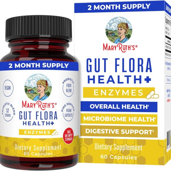 MaryRuth Organics Gut Flora Health+ Enzymes | Up to 2 Month Supply | Prebiotic Probiotic Digestive Enzymes Blend for Healthy Gut Biome & Digestive Support | Gastrointestinal Health | 60 Capsules