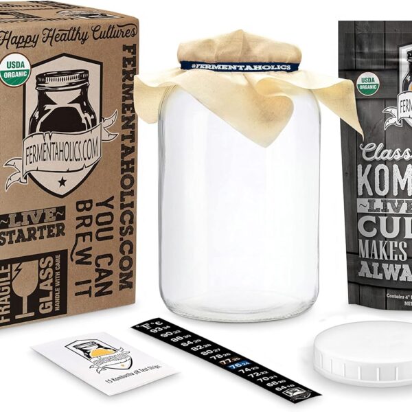 Kombucha Essentials Kit - Includes USDA Organic Kombucha SCOBY + 1-Gallon Glass Fermenting Jar with Breathable Cover + pH Strips + Rubber Band + Adhesive Thermometer - Brew kombucha at Home