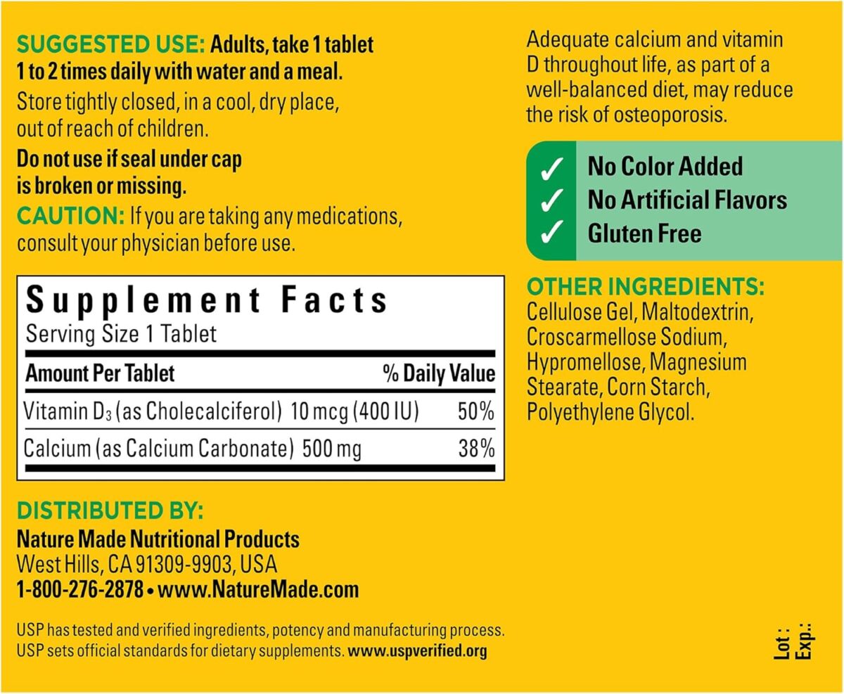 Nature Made Calcium 500 mg with Vitamin D3, Dietary Supplement for Bone Support, 130 Tablets - Image 5